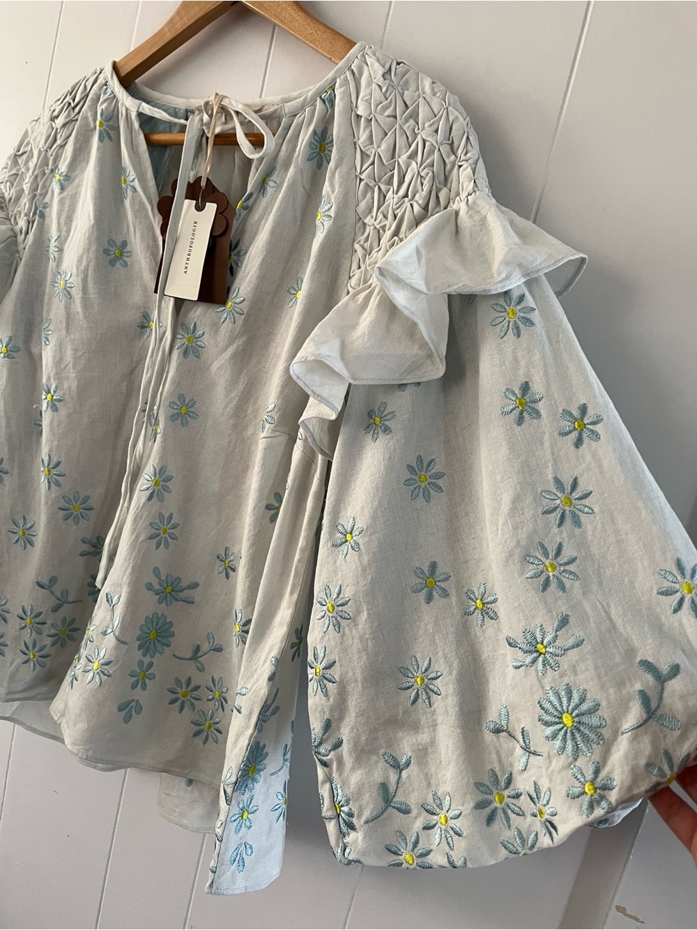 NWT Forever That Girl Ruffle-Sleeve Smocked Linen Blouse Anthropologie Flowers - Picture 4 of 12